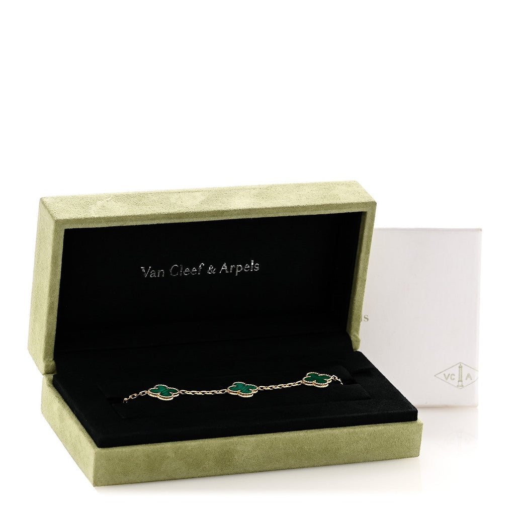 18K Yellow Gold Malachite 5 Motifs Vintage Alhambra Bracelet