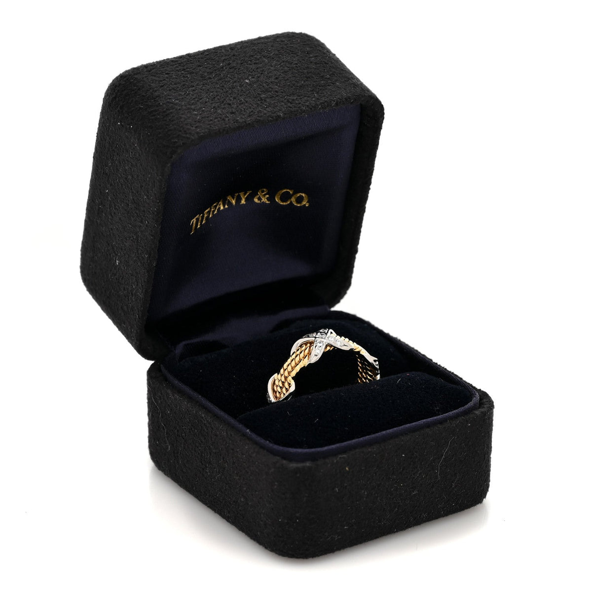 18K Yellow Gold Platinum Diamond Schlumberger Rope Three Row X Ring 52 6