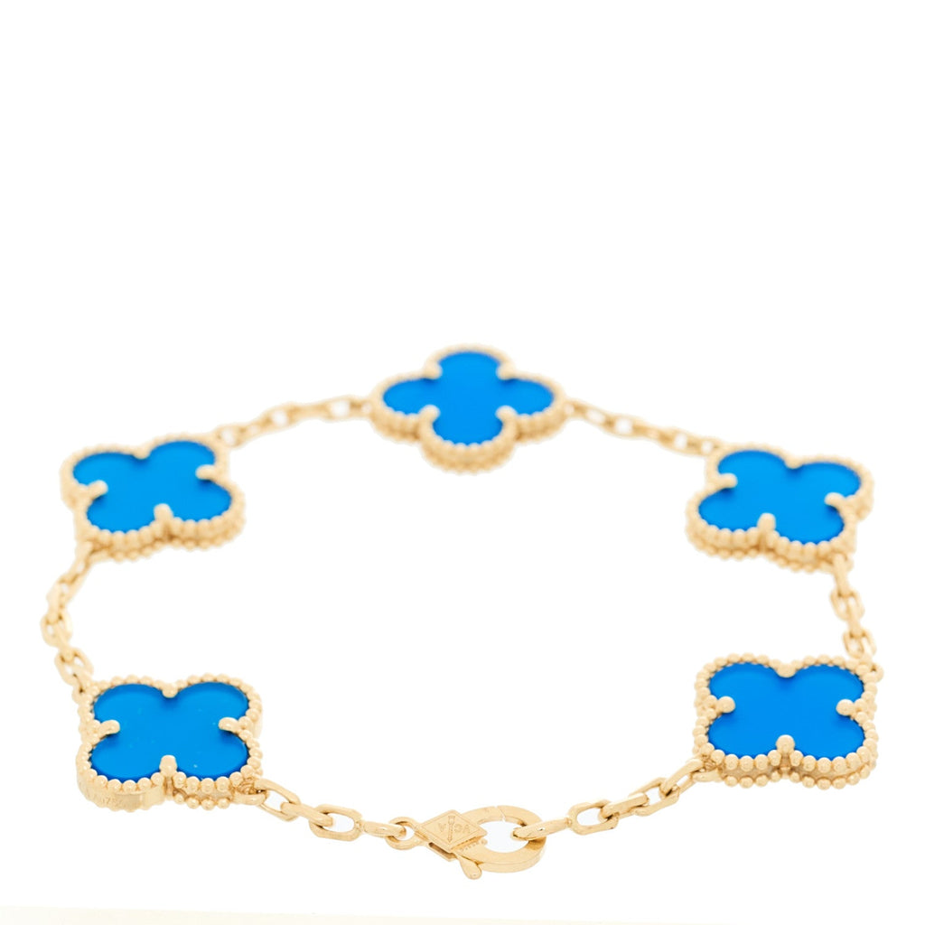 18K Yellow Gold Blue Agate 5 Motifs Vintage Alhambra Bracelet