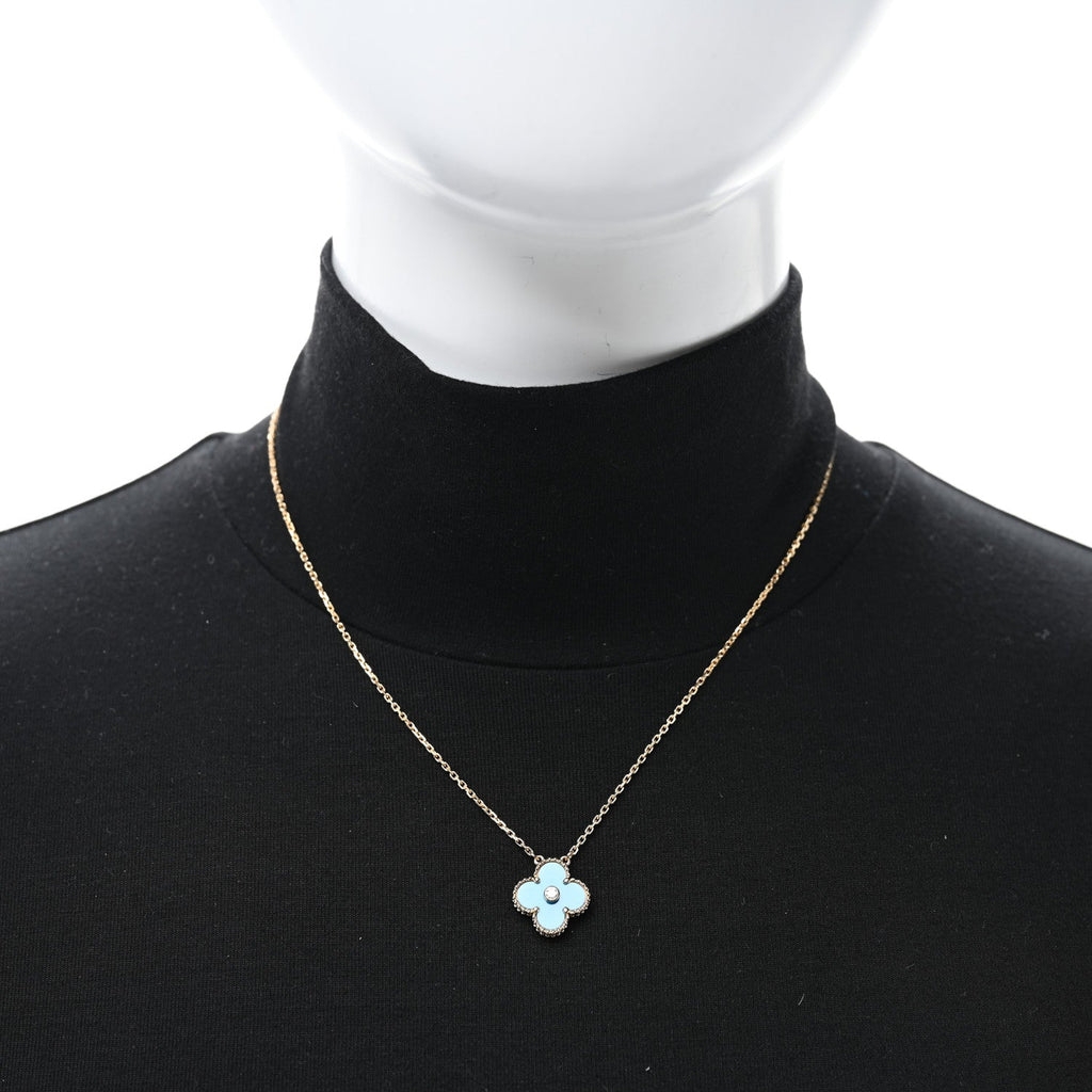 18K Yellow Gold Diamond Celestial Blue Sevres Porcelain Vintage Alhambra Pendant Necklace