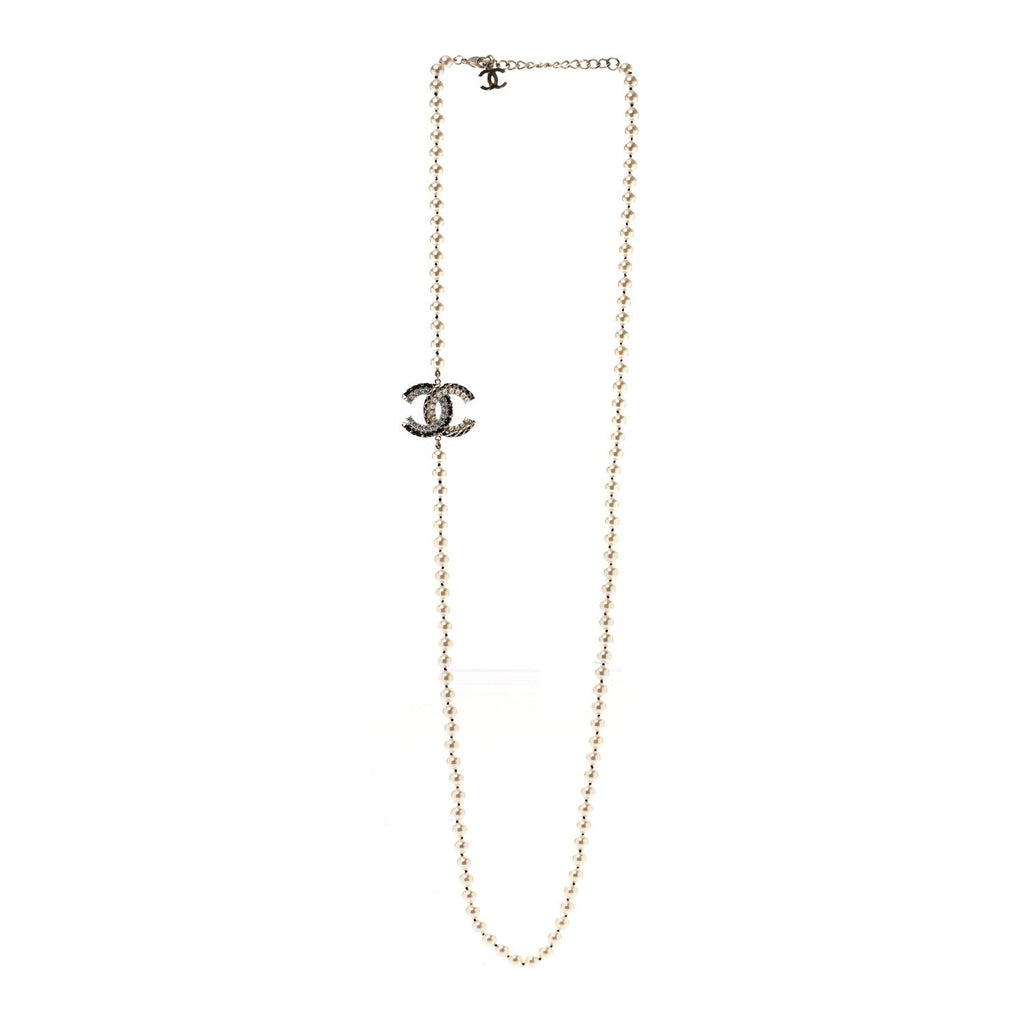 Pearl Crystal Lambskin CC Long Necklace Gold Black