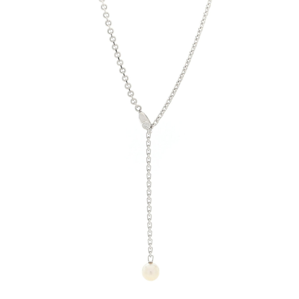 18K White Gold Diamond Pearl 8.5mm Lariat Pendant Necklace