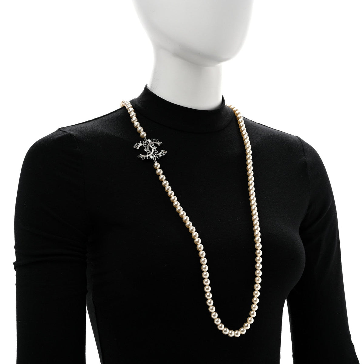 Pearl Crystal Lambskin CC Long Necklace Gold Black