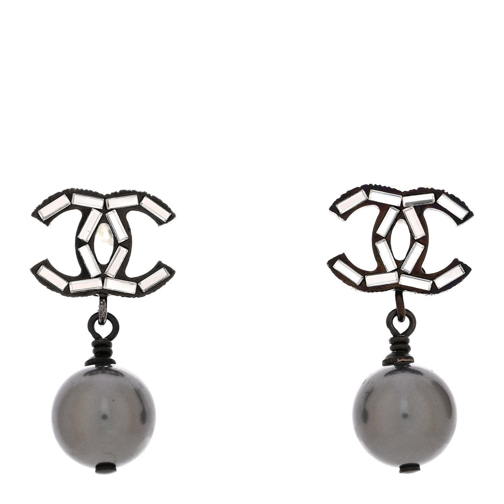 Ruthenium Pearl Crystal Baguette CC Drop Earrings Silver Grey