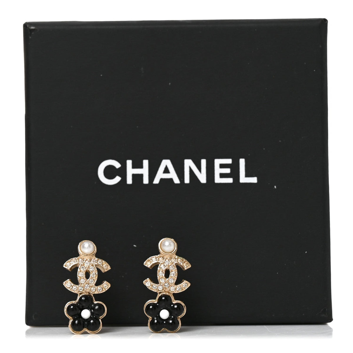 Crystal Pearl CC Flower Earrings Black Gold