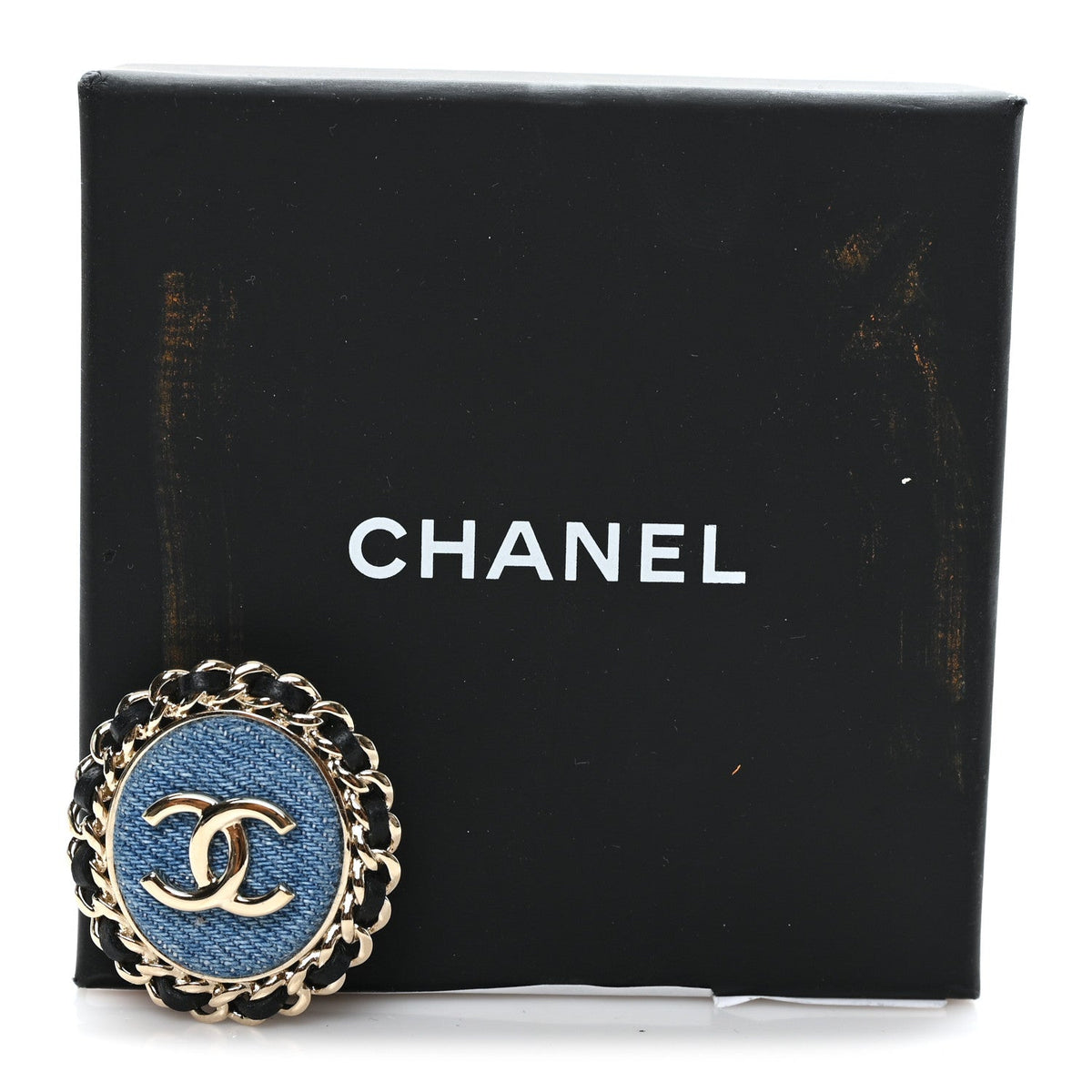 Metal Lambskin Denim CC Brooch Gold Blue Black