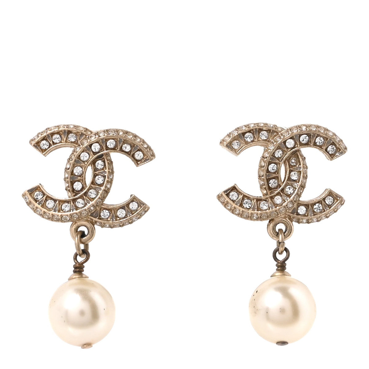Crystal Pearl CC Drop Earrings Gold