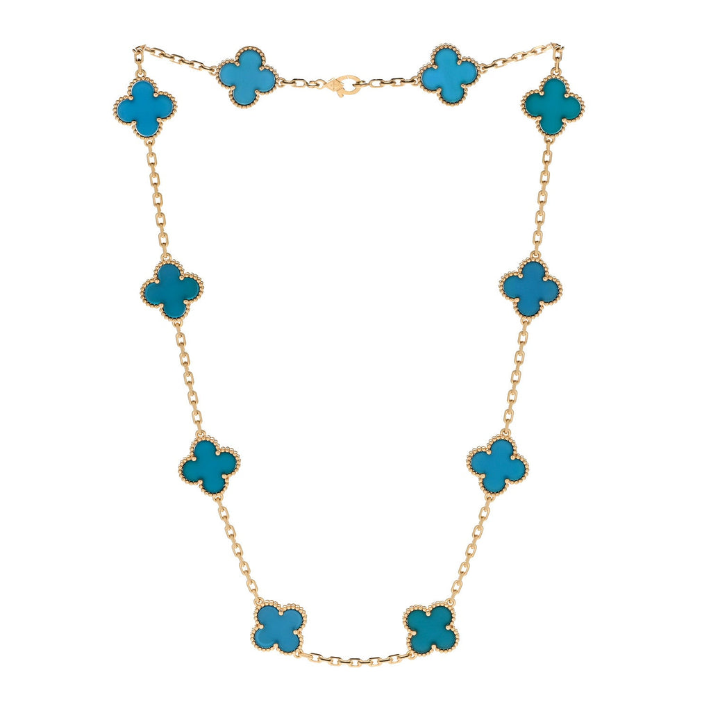 18K Yellow Gold Blue Agate 10 Motifs Vintage Alhambra Necklace
