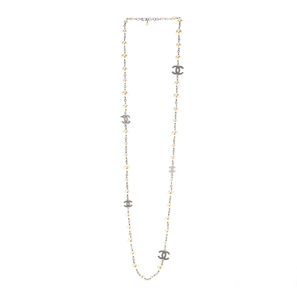 Graduated Pearl Crystal CC Long Necklace Silver