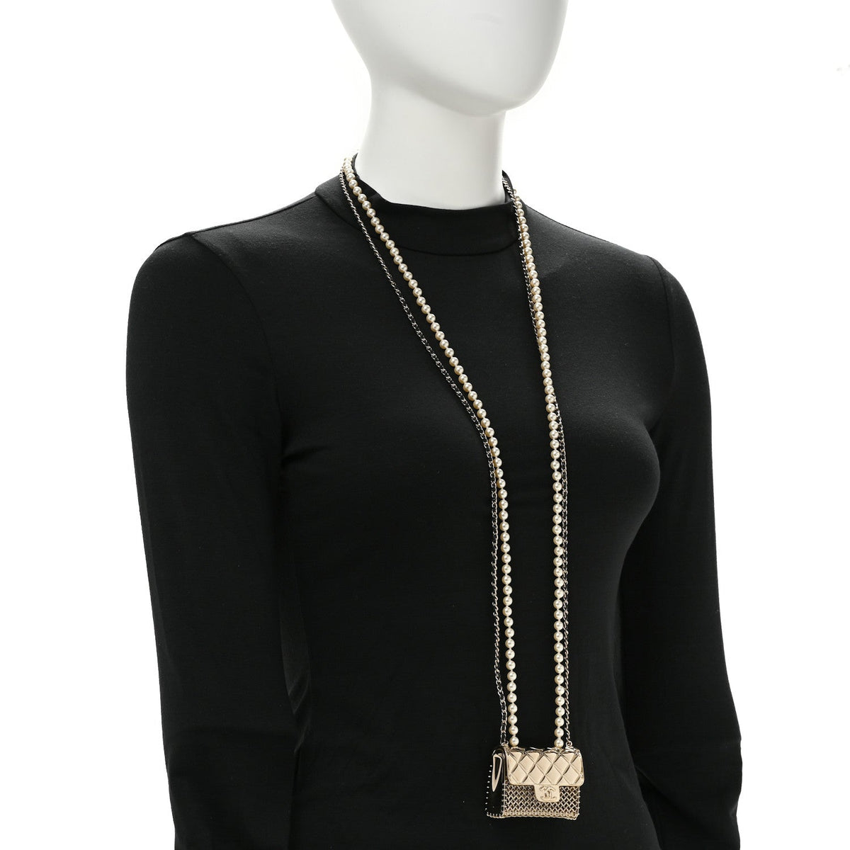 Metal Lambskin Pearl Chain Flap Bag Long Necklace Gold Black Pearly White