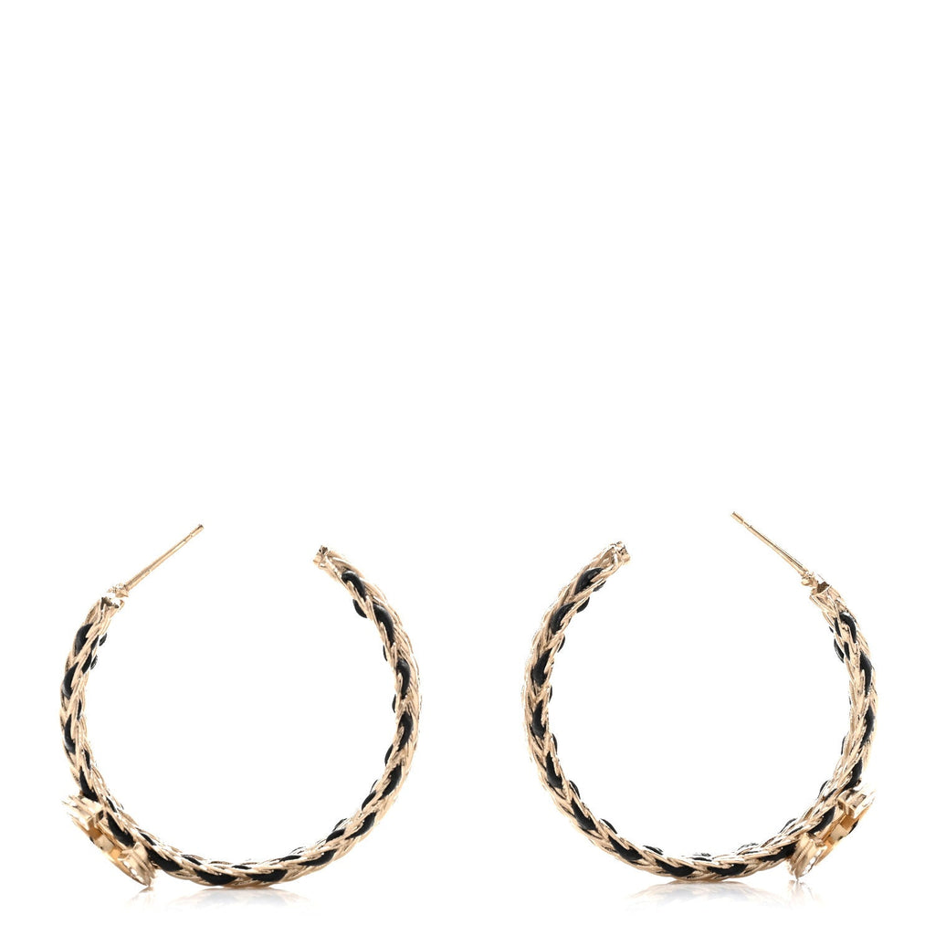 Crystal Lambskin CC Double Chain Hoop Earrings Gold Black