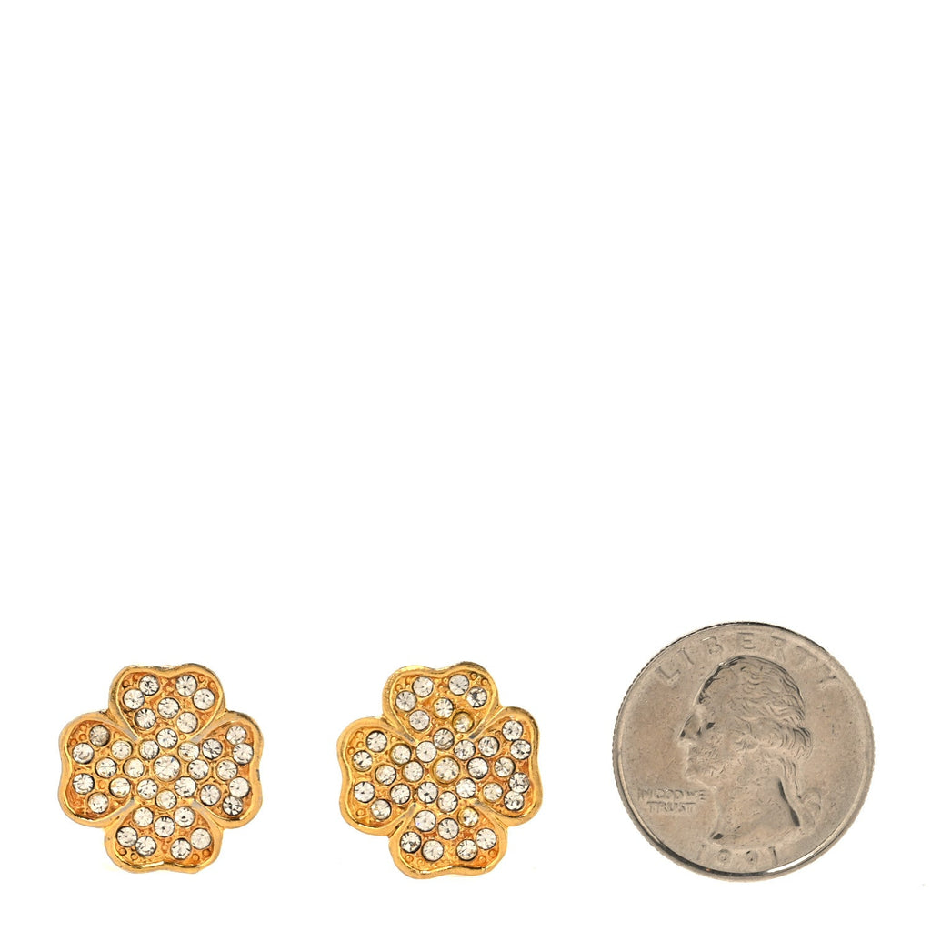 Metal Crystal Clover Clip On Earrings Gold