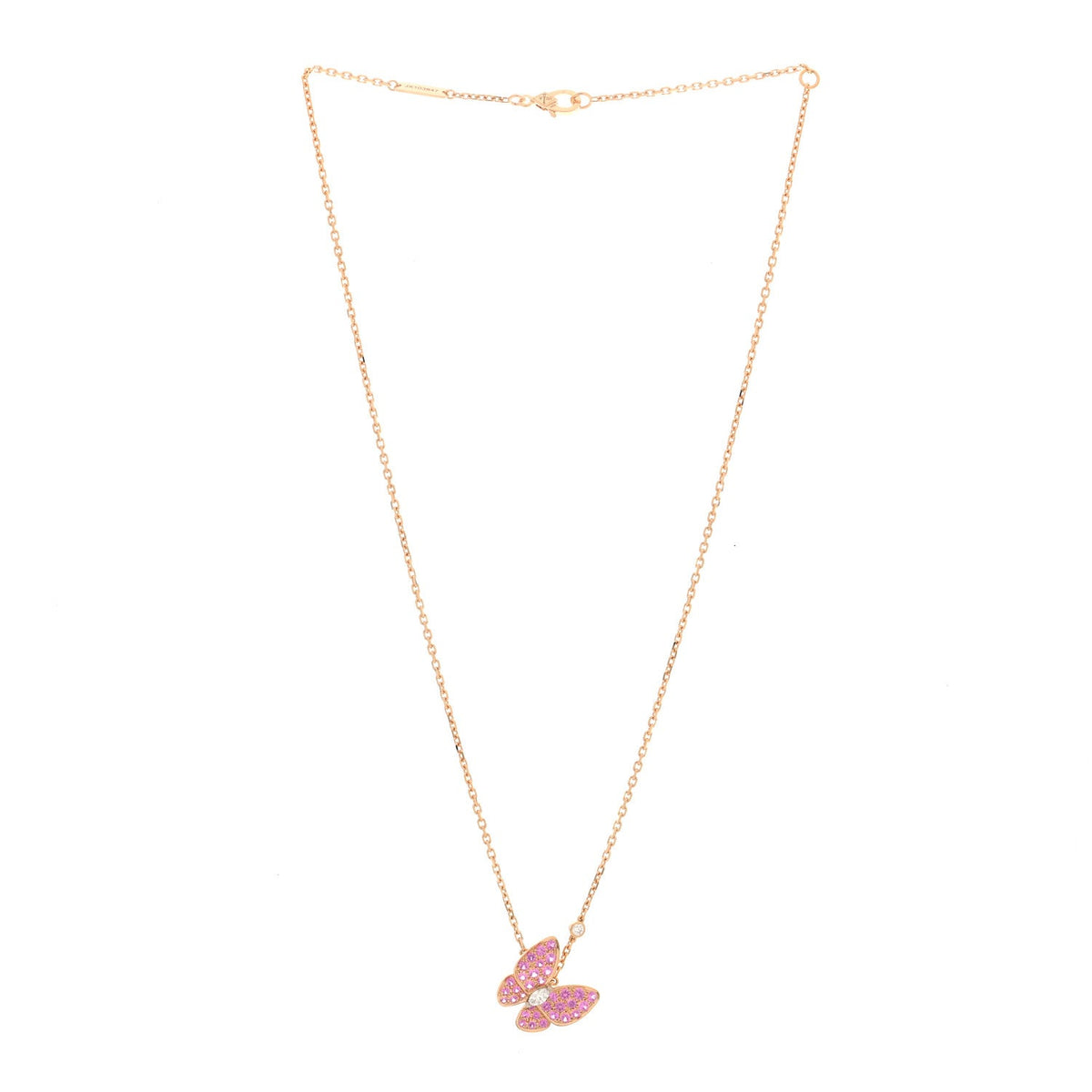 18K Rose Gold Diamond Pink Sapphire Two Butterfly Pendant Necklace