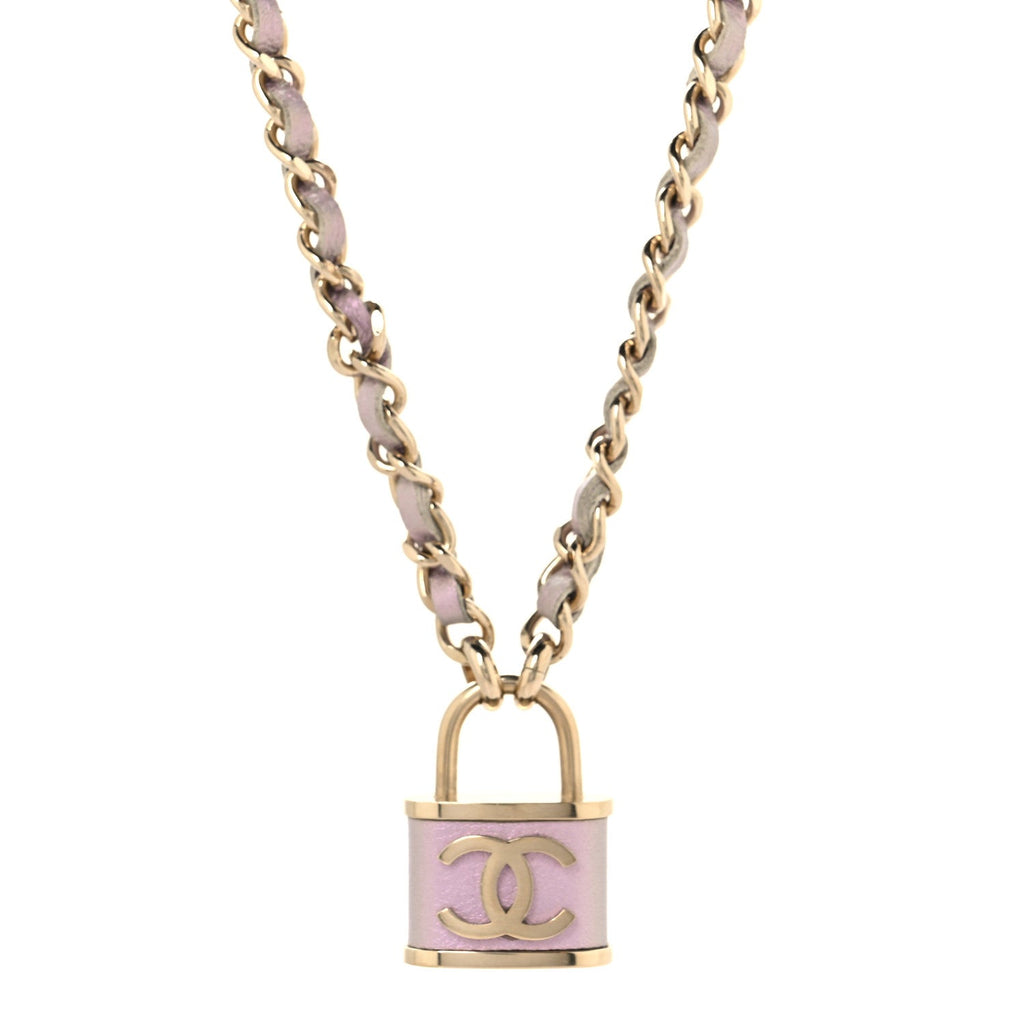 Metal Lambskin Chain CC Lock Choker Necklace Lilac