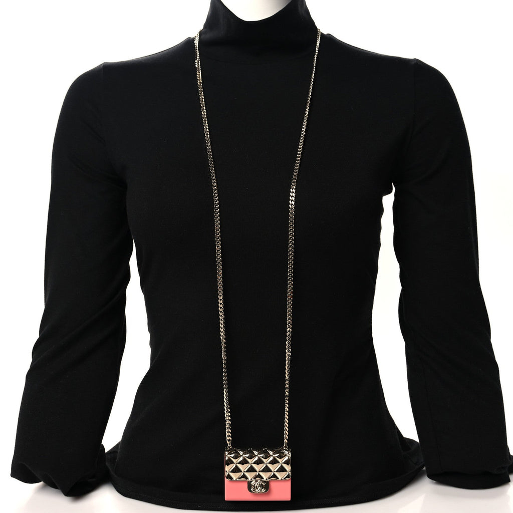 Metal Resin Lambskin Flap Bag Long Necklace Gold Pink