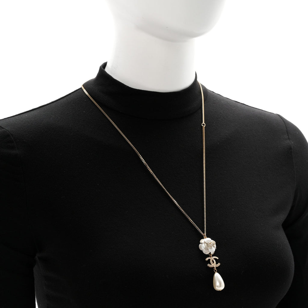 Metal Crystal Pearl 90s Camellia CC Drop Necklace Gold Pearly White
