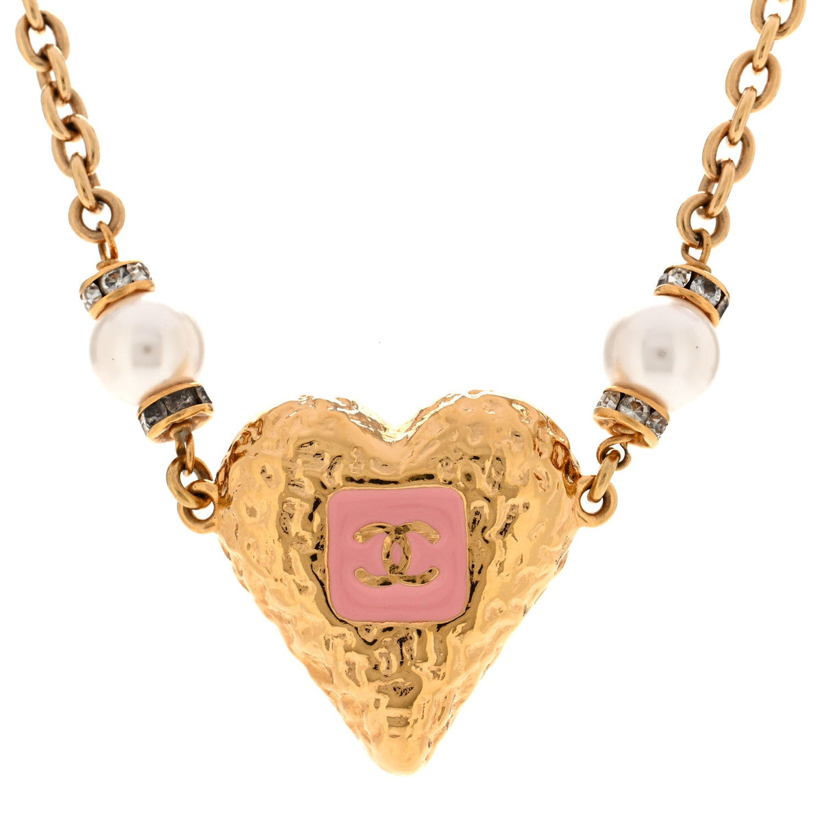 Resin Crystal Pearl Chain Heart CC Pendant Choker Necklace Pink White Gold
