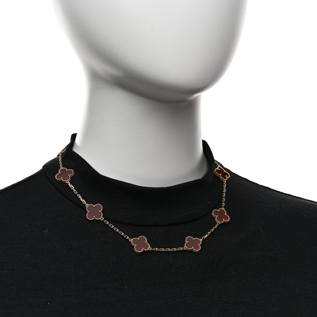 18K Yellow Gold Carnelian 10 Motifs Vintage Alhambra Necklace