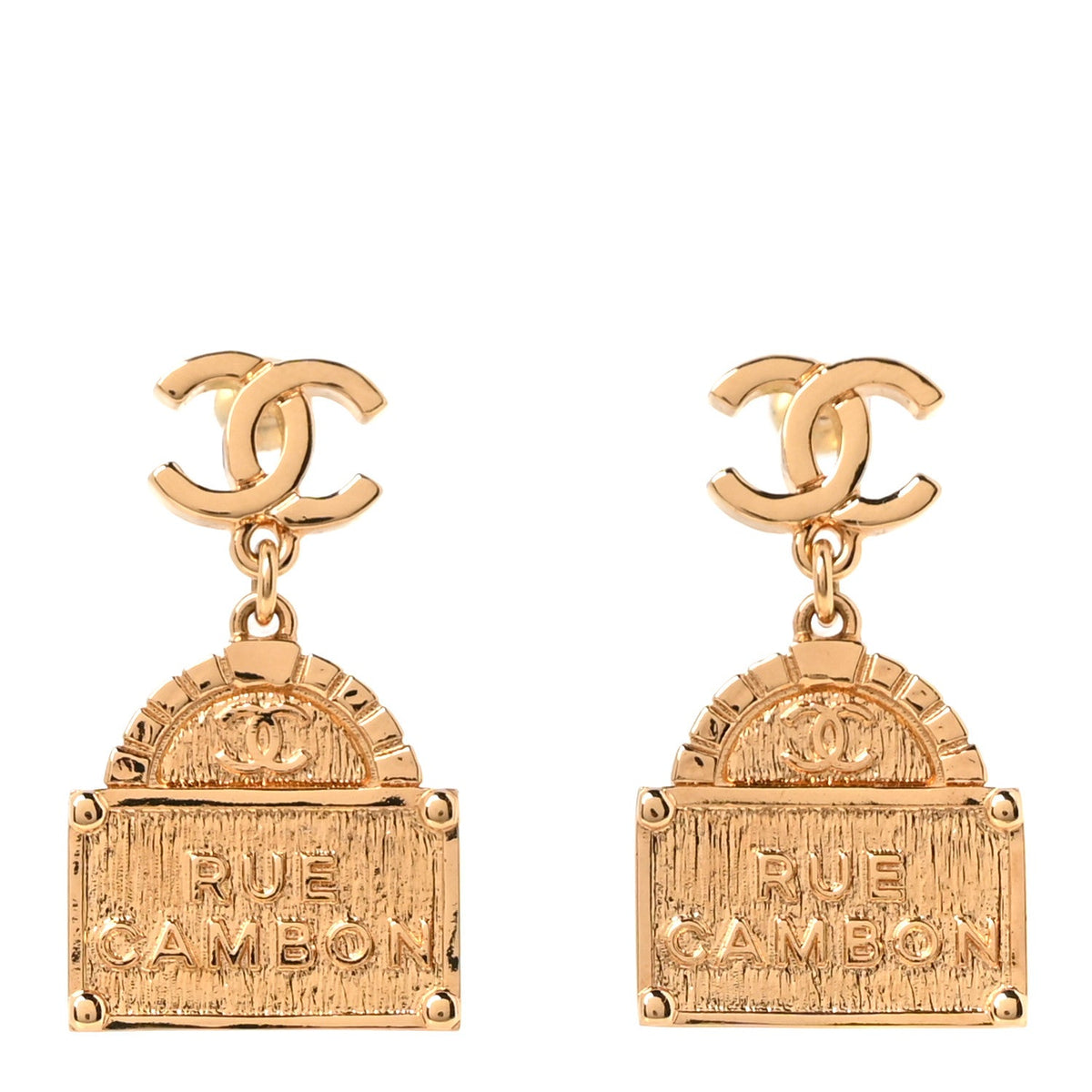 Metal CC Rue Cambon Drop Earrings Gold