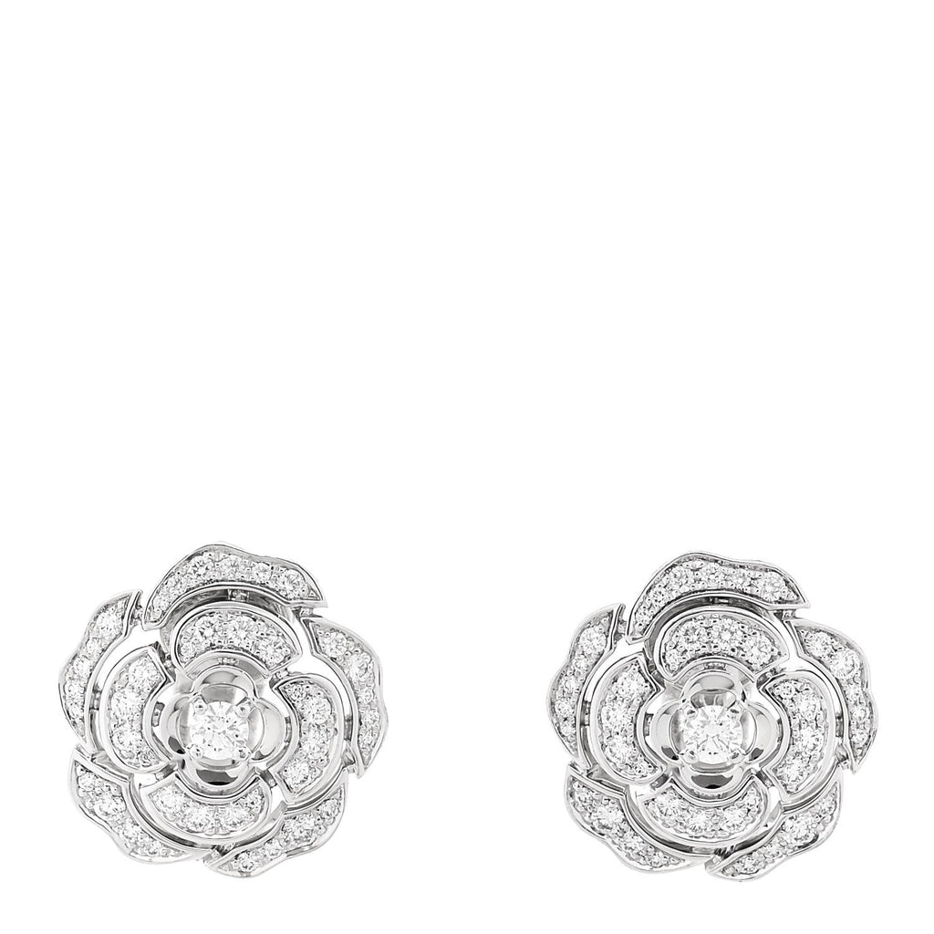 18K White Gold Diamond Bouton de Camelia Earrings