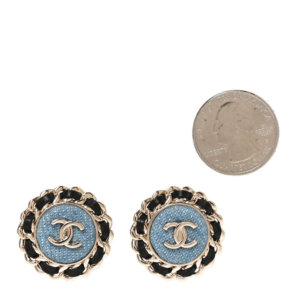 Metal Lambskin Denim CC Round Earrings  Blue Black
