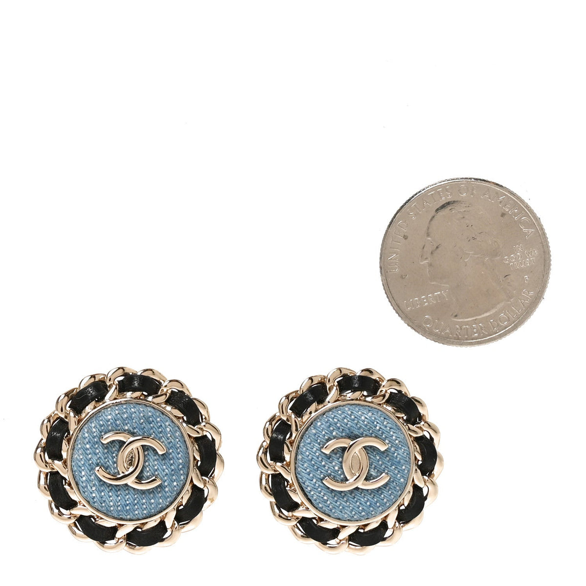 Metal Lambskin Denim CC Round Earrings  Blue Black