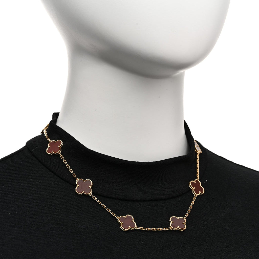 18K Yellow Gold Carnelian 10 Motifs Vintage Alhambra Necklace