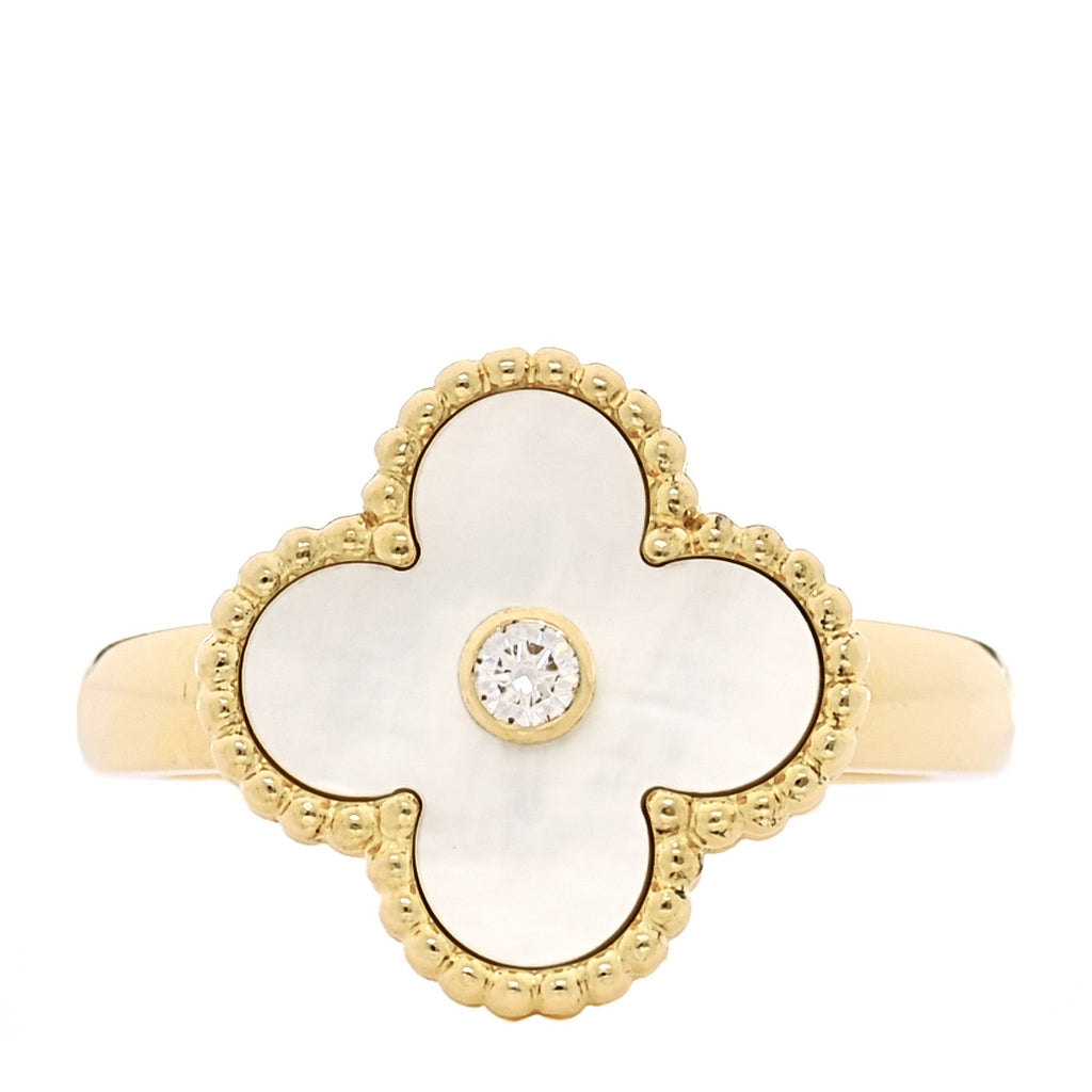 18K Yellow Gold Diamond Mother of Pearl Vintage Alhambra Ring 54 6.75