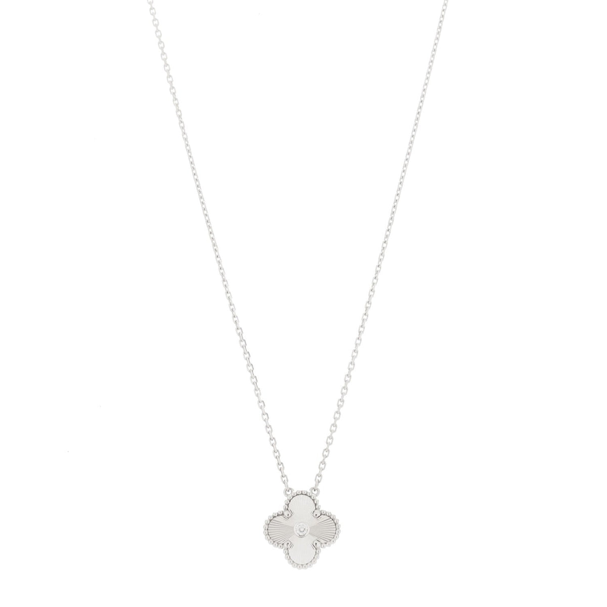 18K White Gold Diamond Guilloche Vintage Alhambra Pendant Necklace