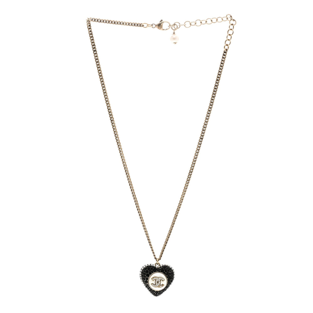 Pearl Crystal CC Heart Necklace Gold Pearly White Black