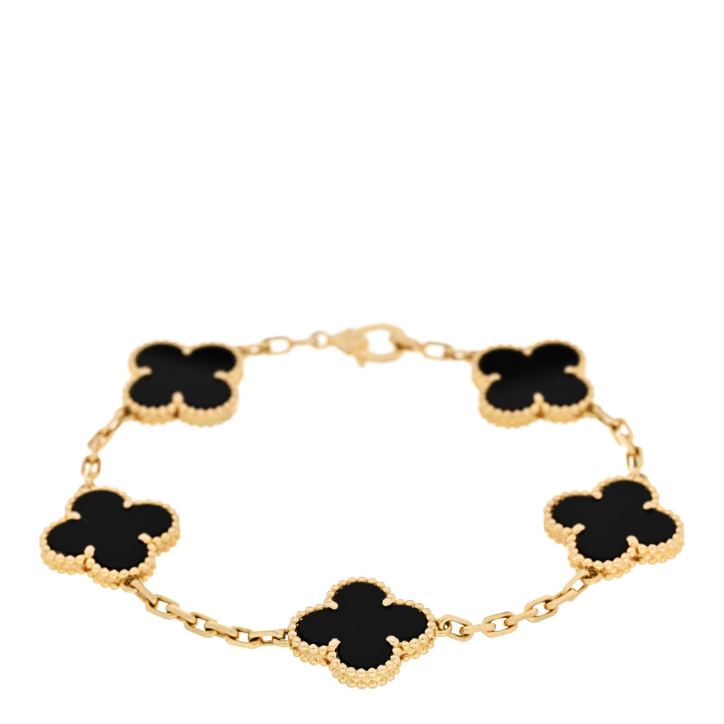 18K Yellow Gold Black Onyx 5 Motifs Vintage Alhambra Bracelet