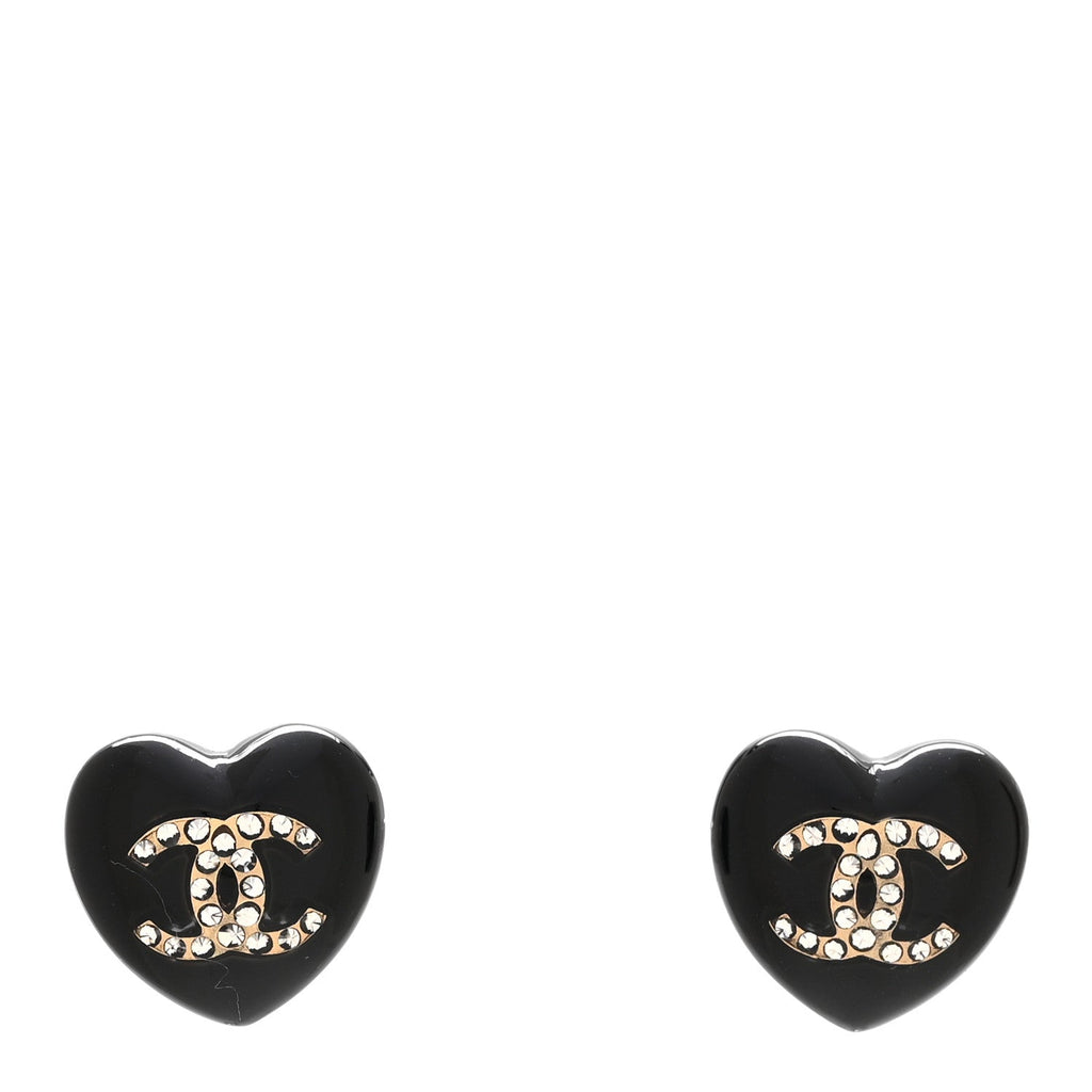 Resin Crystal CC Heart Earrings Black Gold