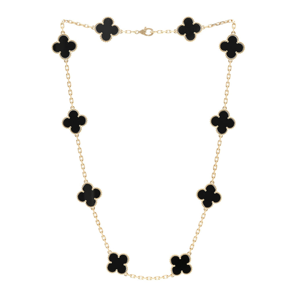 18K Yellow Gold Black Onyx 10 Motifs Vintage Alhambra Necklace