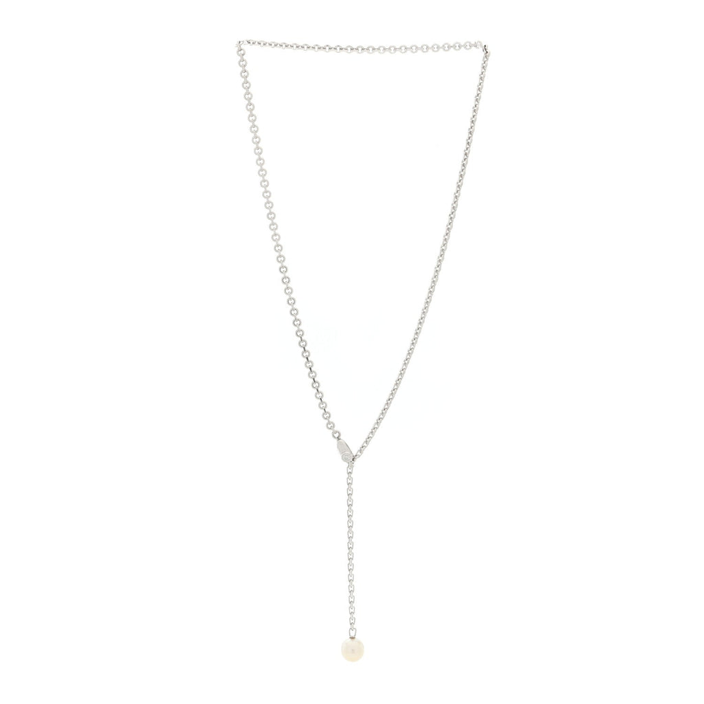 18K White Gold Diamond Pearl 8.5mm Lariat Pendant Necklace