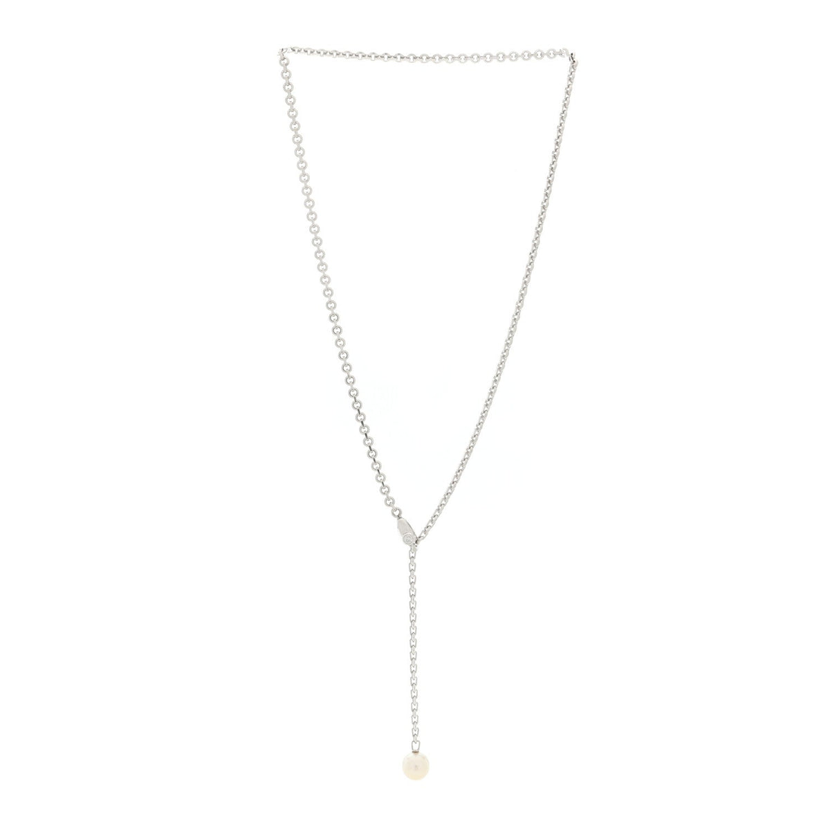 18K White Gold Diamond Pearl 8.5mm Lariat Pendant Necklace