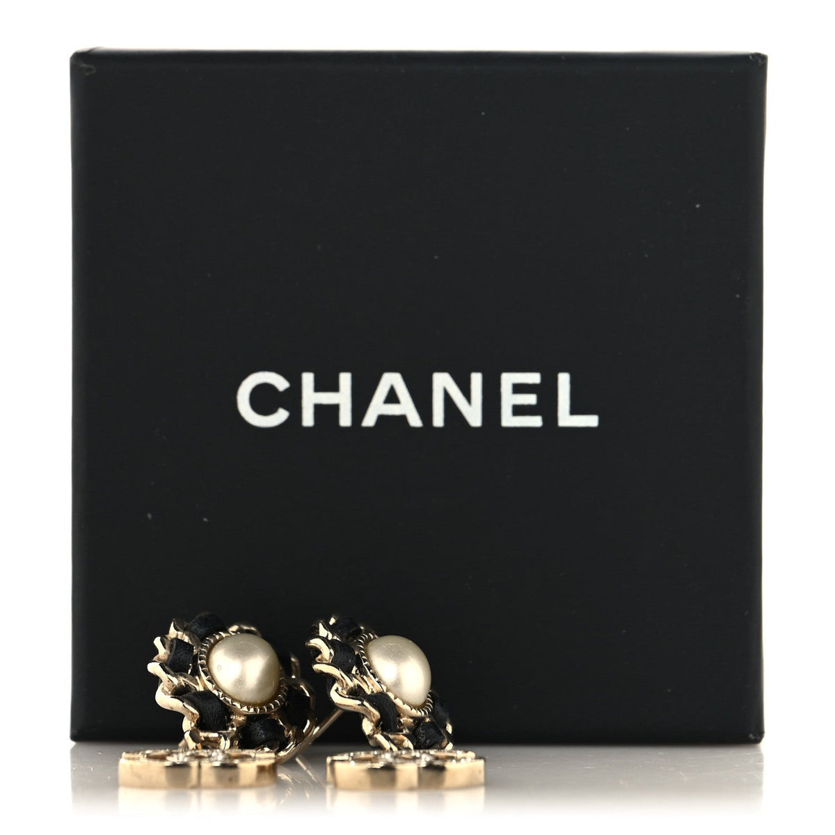 Pearl Lambskin Crystal CC Drop Earrings Gold White Black