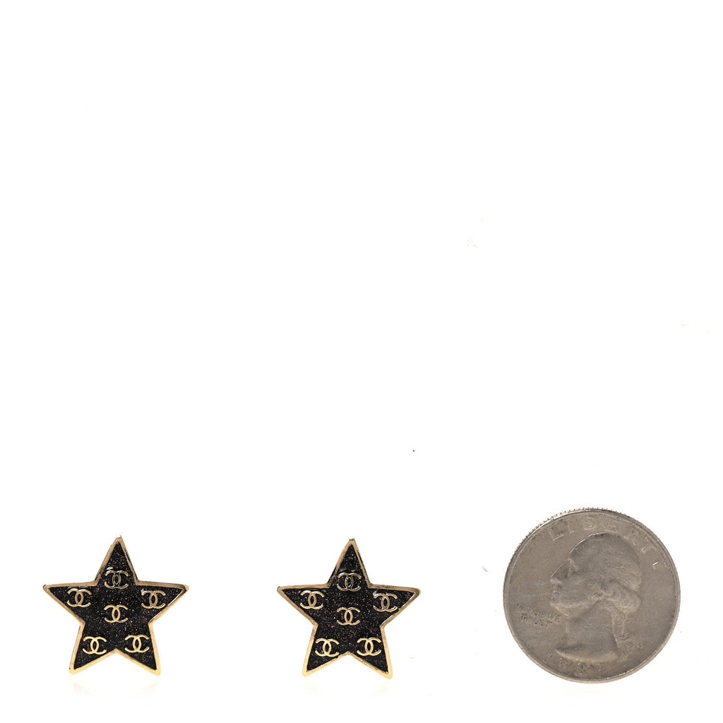 Metal Glitter Sparkle CC Star Earrings Gold Pearly Black