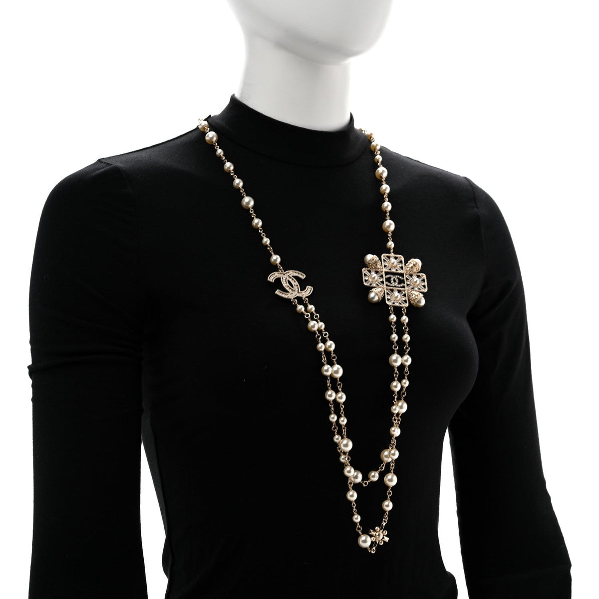 Pearl Crystal CC Long Necklace Gold