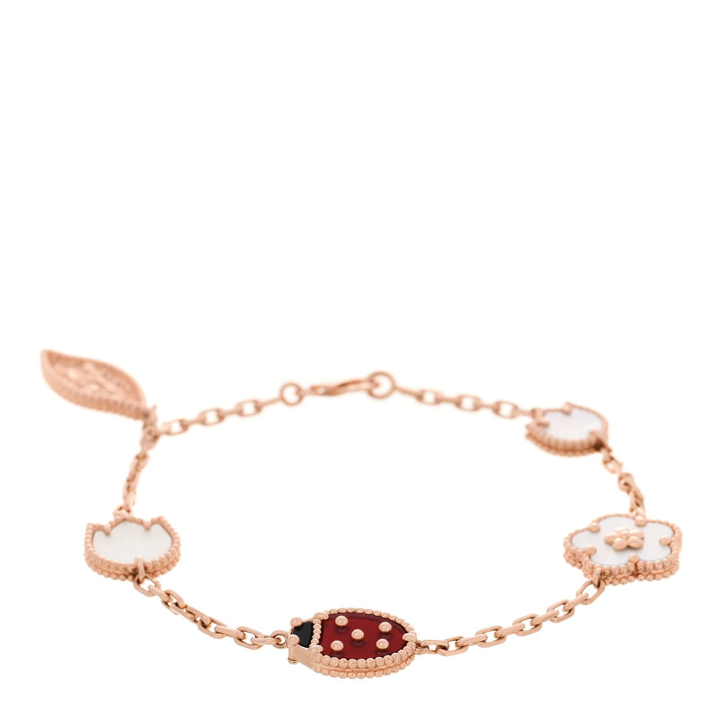 18K Rose Gold Carnelian Mother of Pearl Onyx 5 Motifs Lucky Spring Bracelet