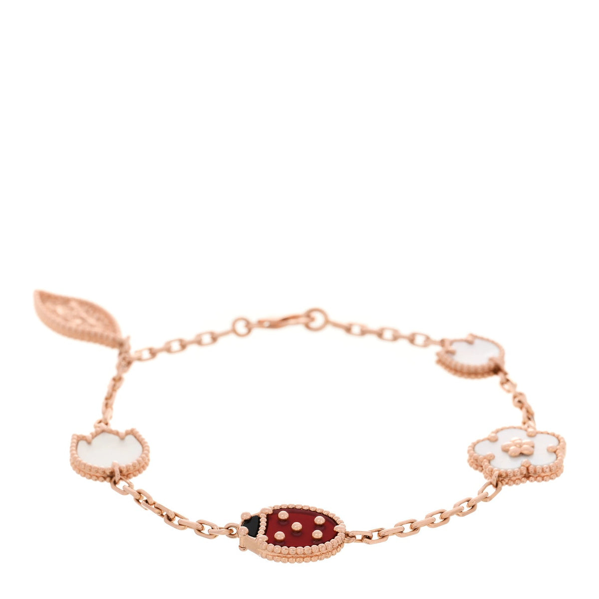 18K Rose Gold Carnelian Mother of Pearl Onyx 5 Motifs Lucky Spring Bracelet