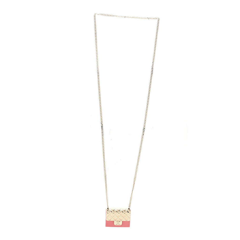 Metal Resin Flap Bag Long Necklace Gold Red