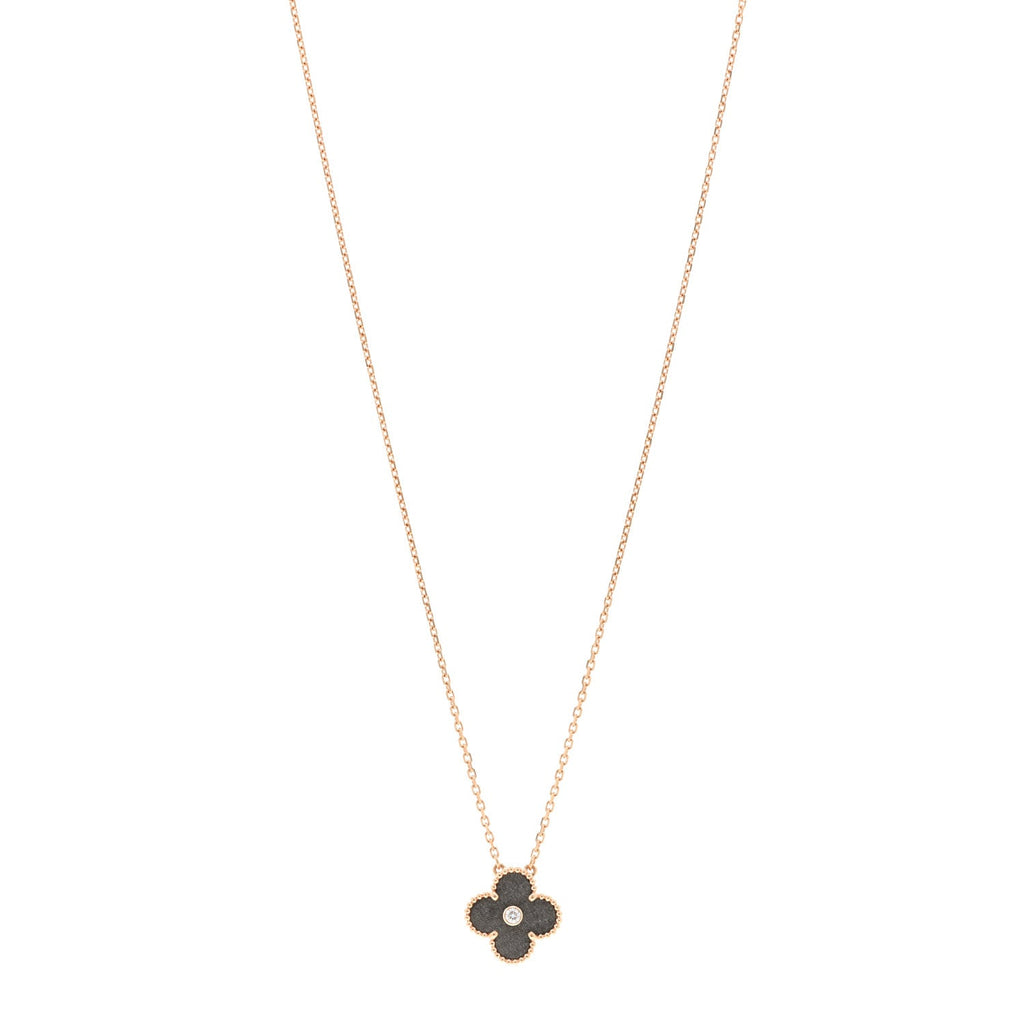18K Rose Gold Diamond Silver Obsidian Vintage Alhambra Pendant Necklace