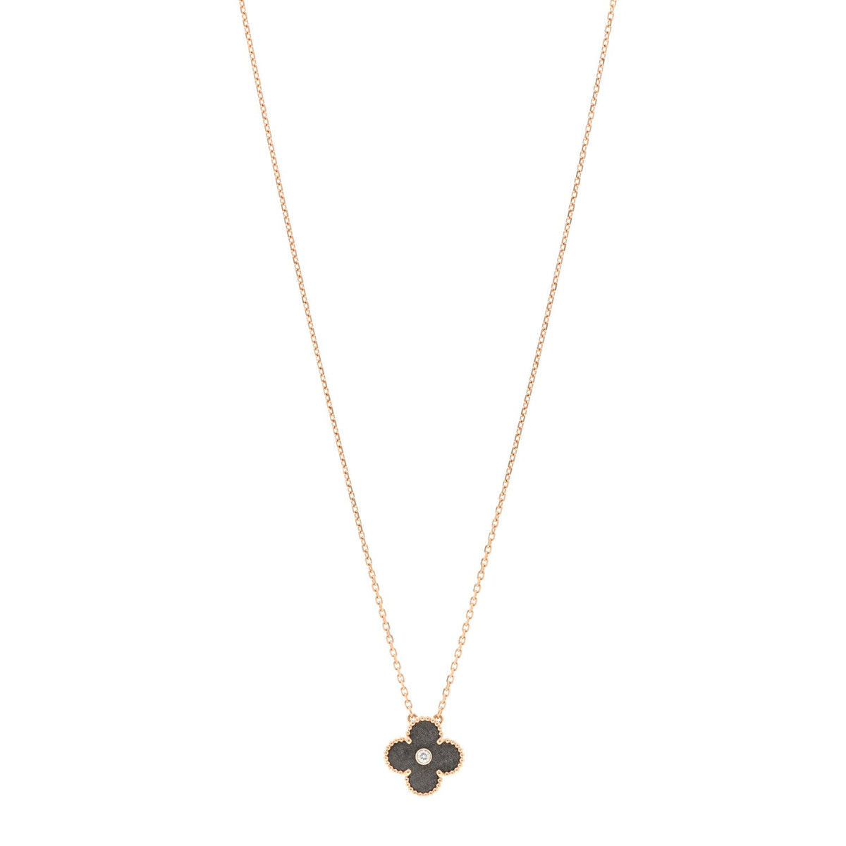 18K Rose Gold Diamond Silver Obsidian Vintage Alhambra Pendant Necklace