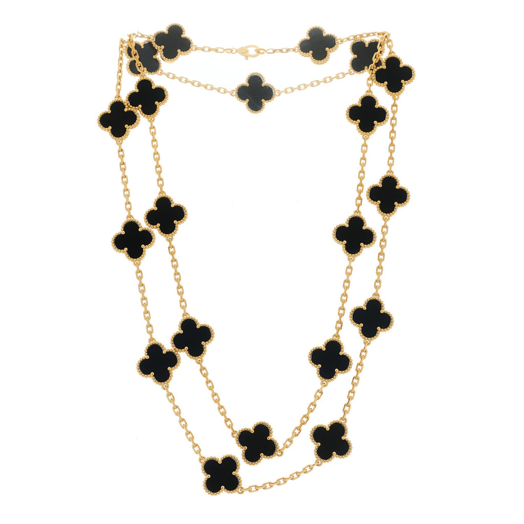 18K Yellow Gold Black Onyx 20 Motifs Vintage Alhambra Necklace
