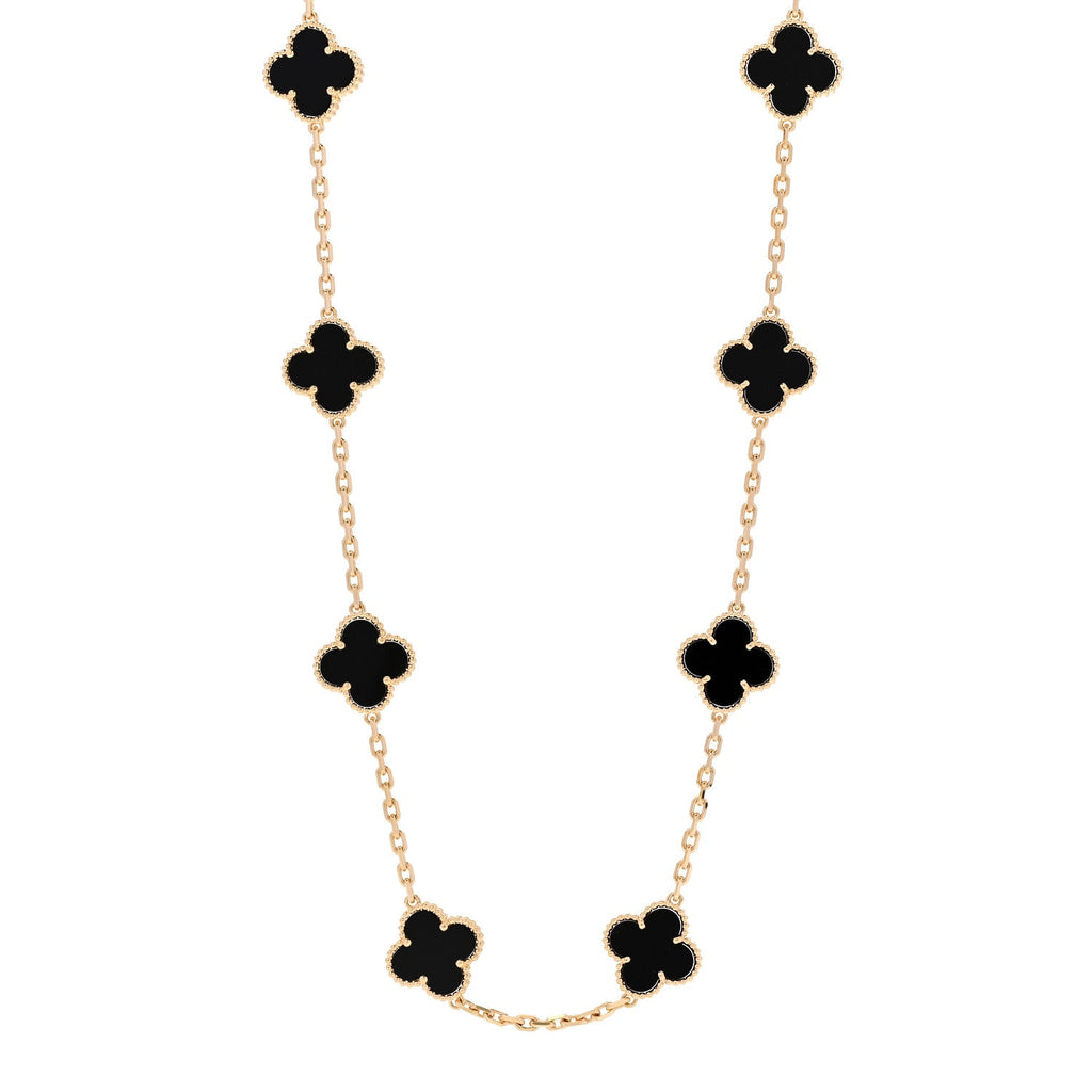 18K Yellow Gold Black Onyx 20 Motifs Vintage Alhambra Necklace