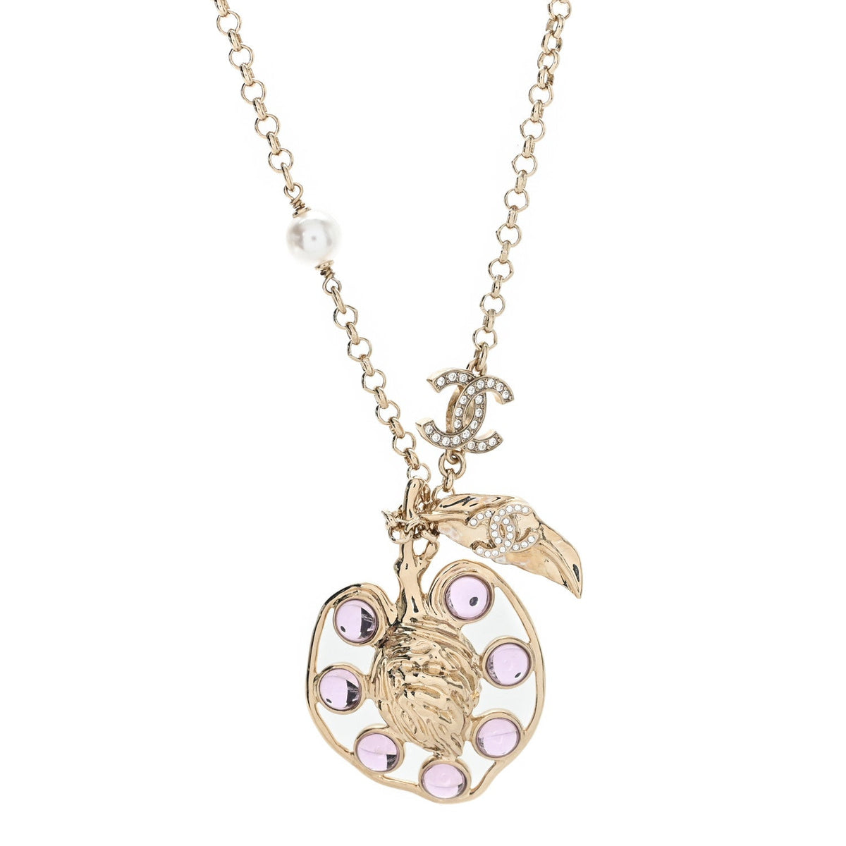 Resin Crystal Pearl CC Fruit Pendant Necklace Gold Pink