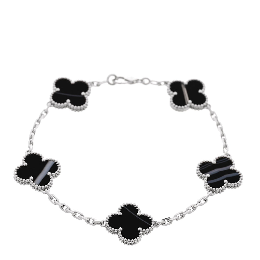 18K White Gold Veined Black Onyx 5 Motifs Vintage Alhambra Bracelet