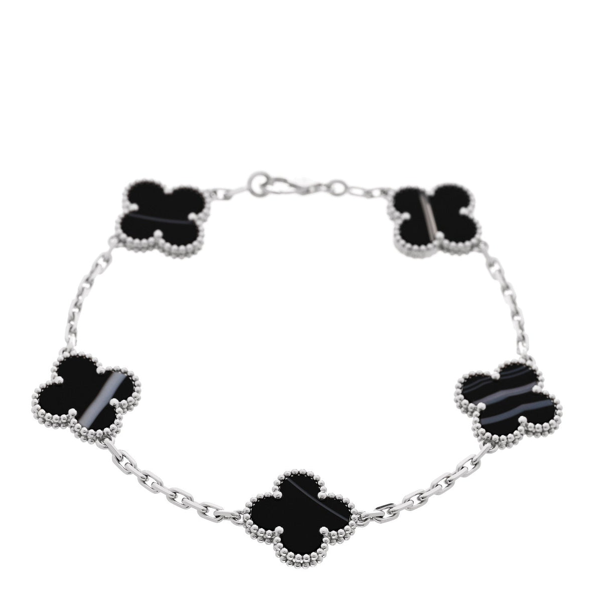 18K White Gold Veined Black Onyx 5 Motifs Vintage Alhambra Bracelet