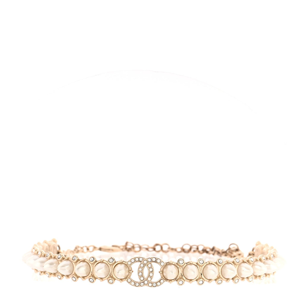 Strass Crystal Studded Pearl CC Choker Necklace Gold Pearly White