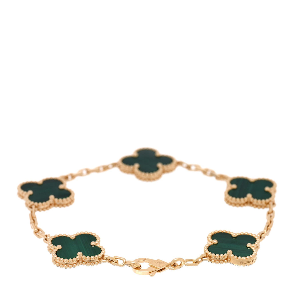 18K Yellow Gold Malachite 5 Motifs Vintage Alhambra Bracelet